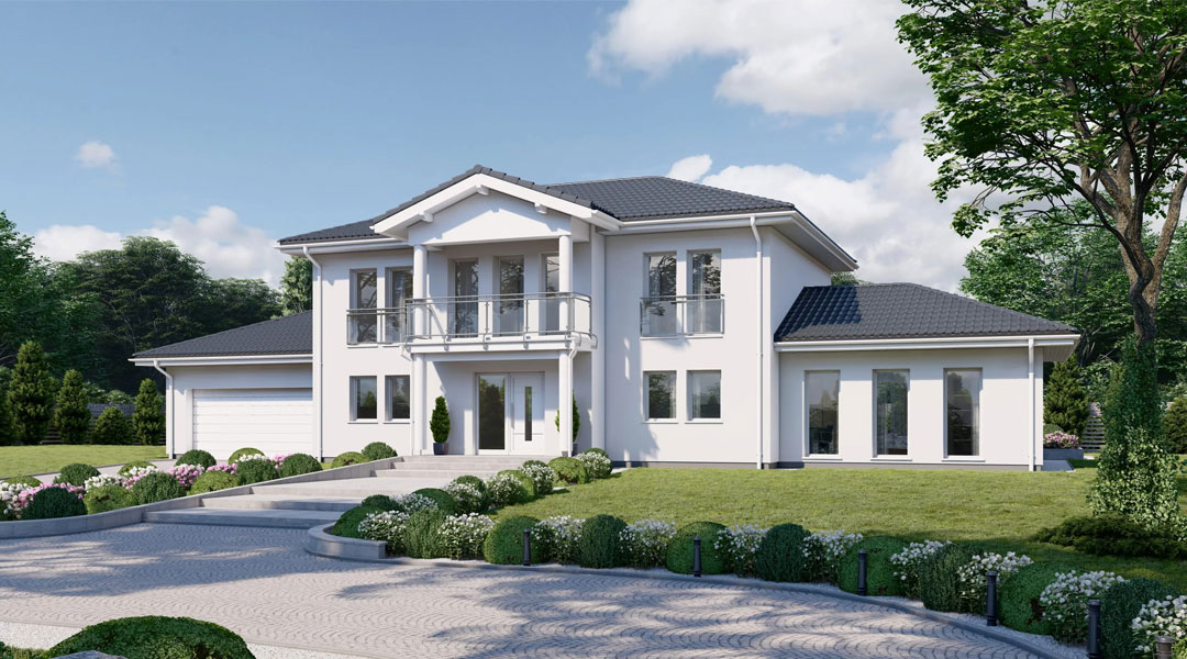 Elegant two‑storey Bespoke Custom Build Home with pitched roof, large windows, central entrance and landscaped front garden.