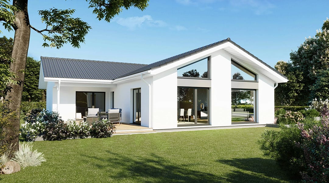 Modern single‑storey Bespoke Custom Build Home with pitched roof, large glass doors, white exterior and landscaped garden.