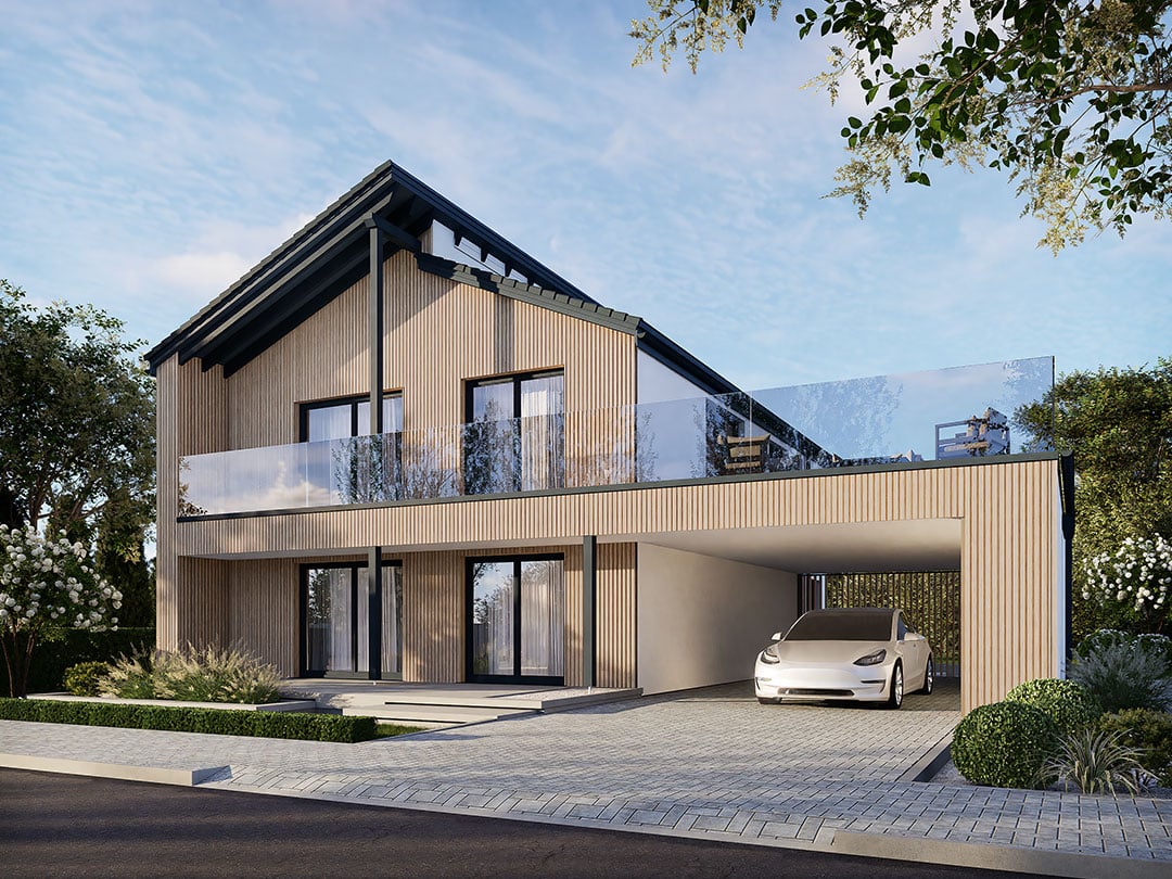 Modern two‑storey Bespoke Custom Build Home featuring timber cladding, large glass frontage, balcony with glass balustrade, integrated carport and landscaped driveway.