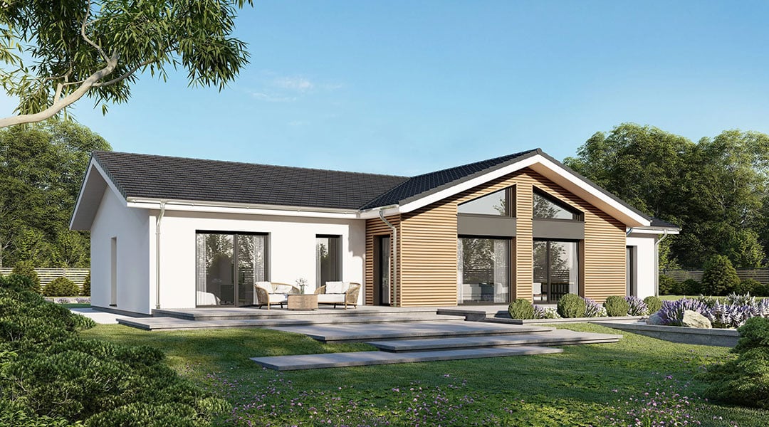 Contemporary single‑storey Bespoke Custom Build Home with pitched roof, large windows, white and timber exterior and landscaped garden.