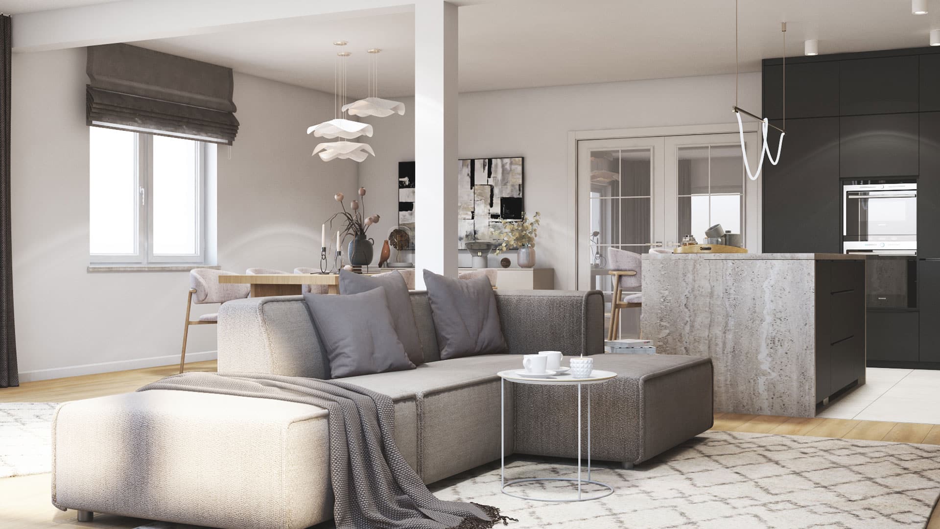 Modern open‑plan living space with contemporary kitchen, dining area and minimalist lounge, ideal for Bespoke Custom Build Homes.