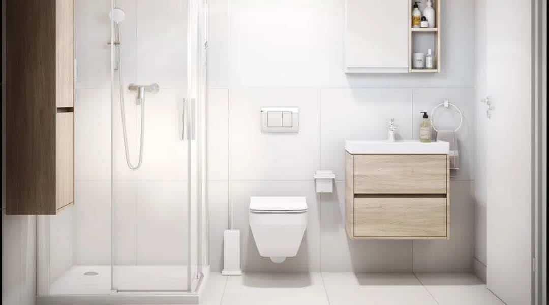 Modern minimalist bathroom with glass shower, wall‑mounted toilet and floating wood‑drawer vanity in a Bespoke Custom Build Home.