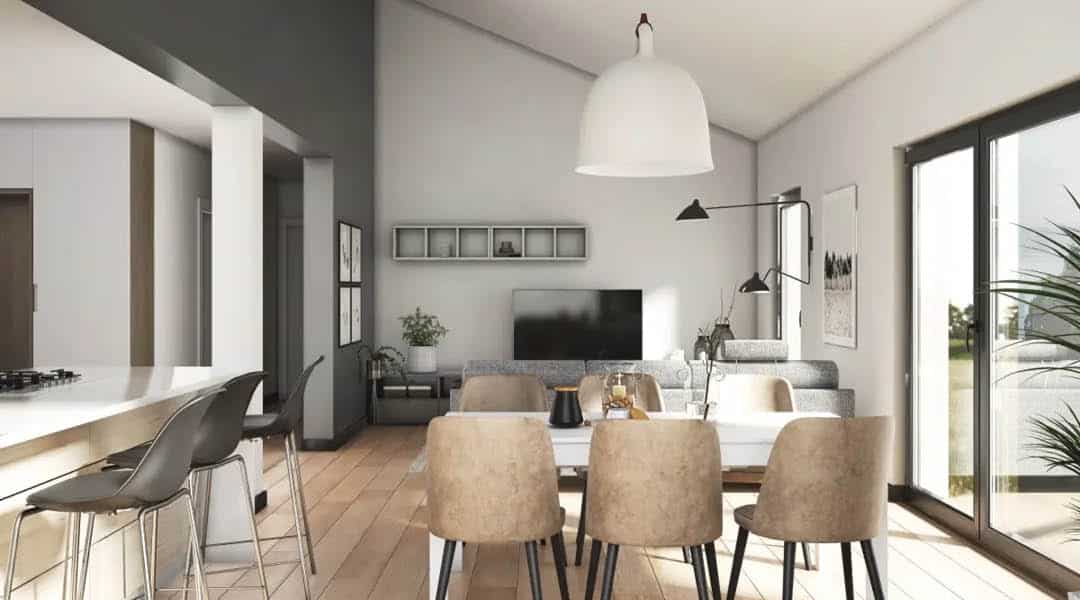 Modern open‑plan living, dining and kitchen space with neutral décor, large windows and contemporary furnishings for Bespoke Custom Build Homes.