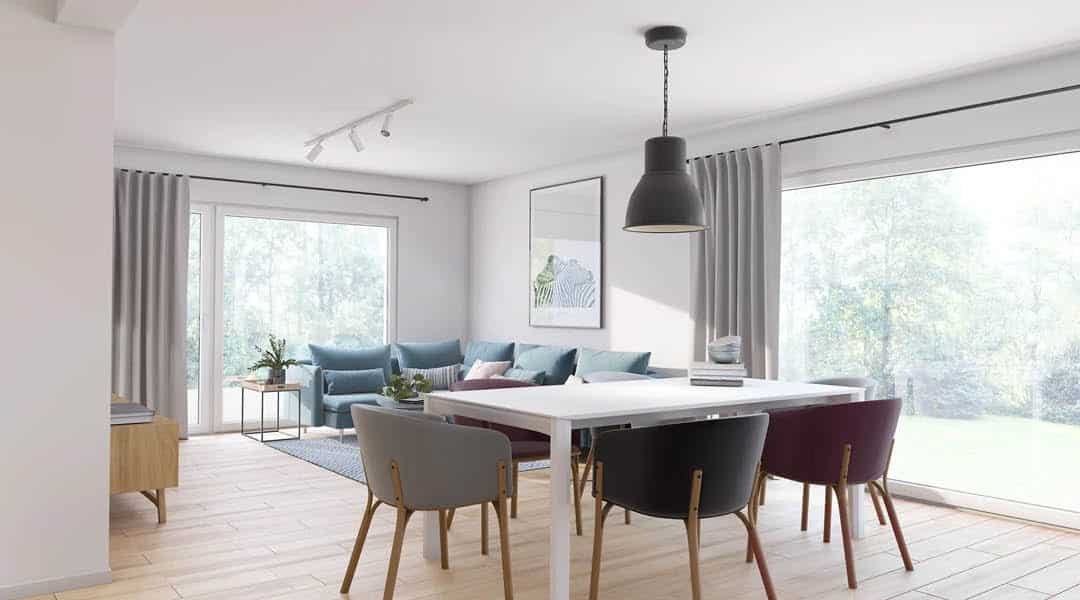 Modern open‑plan living and dining space with floor‑to‑ceiling windows, minimalist décor and contemporary furnishings for Bespoke Custom Build Homes.