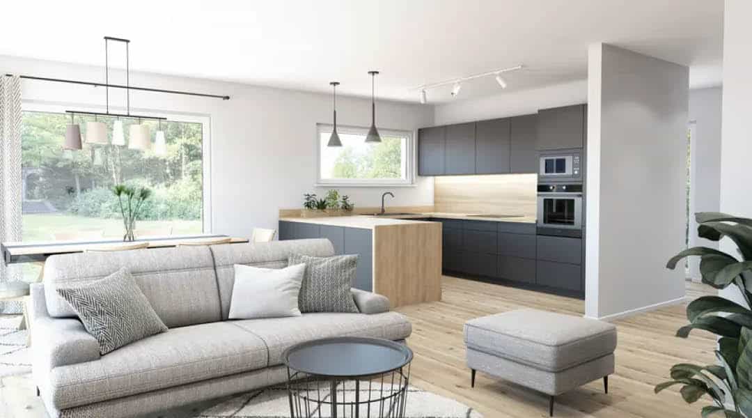 Modern open‑plan living room and kitchen with grey sofa, wood cabinetry, pendant lighting and minimalist décor, ideal for Bespoke Custom Build Homes.