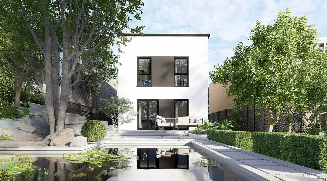 Modern two‑storey Bespoke Custom Build Home with white exterior, large glazing and reflective pond in landscaped garden.