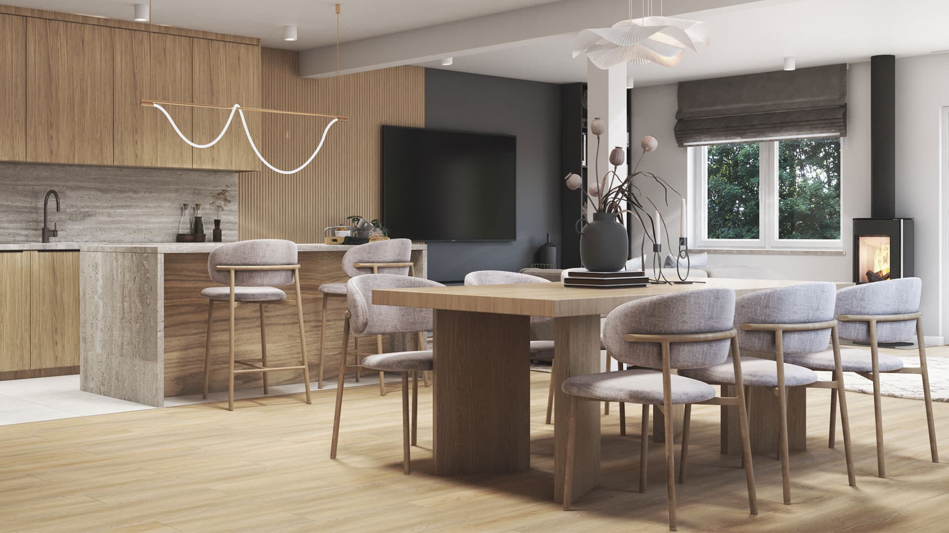 Modern open‑plan kitchen and dining space with wood cabinetry, stone island, contemporary lighting and minimalist décor, ideal for Bespoke Custom Build Homes.