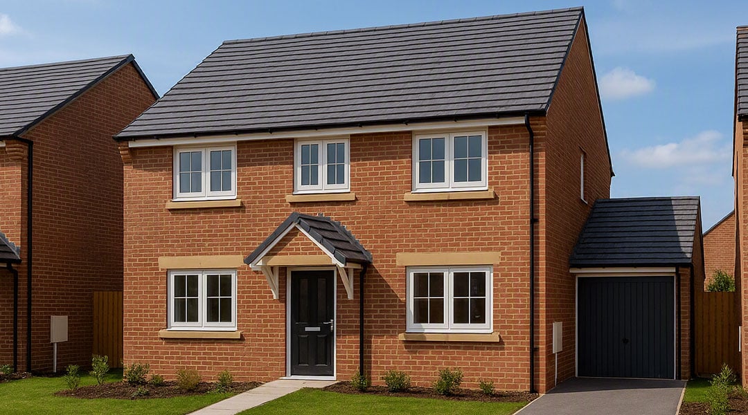 Modern two‑storey Bespoke Custom Build Home with brick exterior, pitched roof, attached garage and landscaped front lawn.